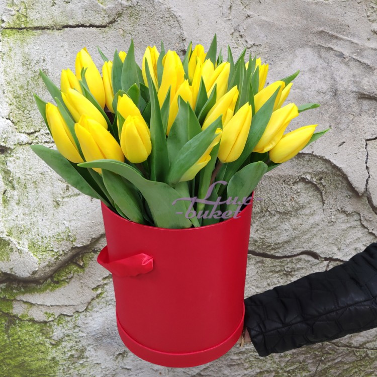 Приносящие удачу Желтые тюльпаны в коробке с доставкой в Ессентуках